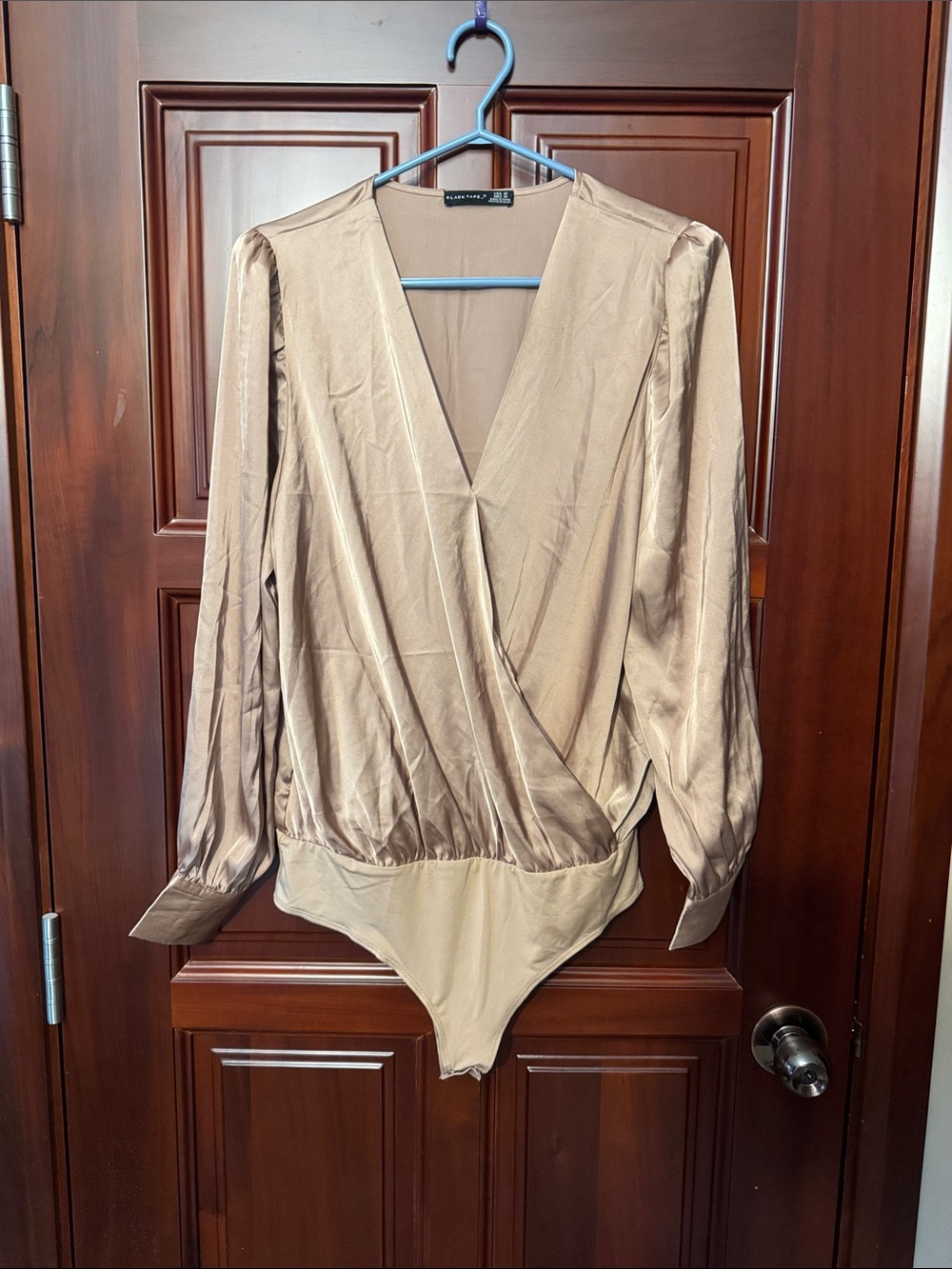 Satin Wrap-Style Bodysuit in Copper - Women's Top
